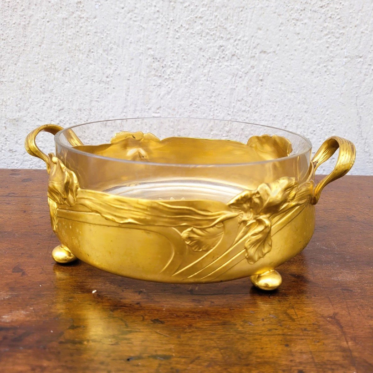 Iris Cup, Gilded Metal And Crystal, Art Nouveau, Early 20th Century