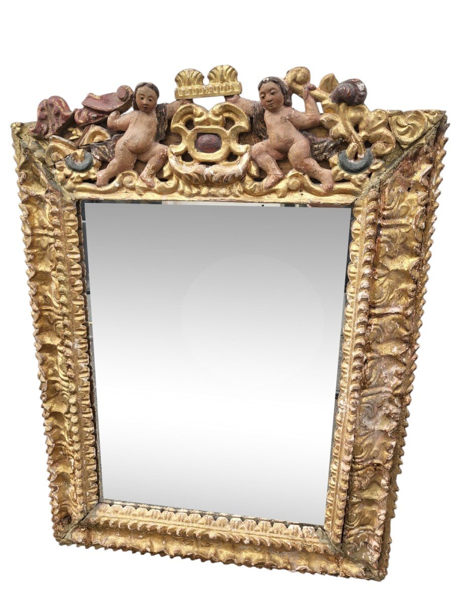 Miroir Mexicain En Bois Sculpté Doré, XVII/xviiième Siècle