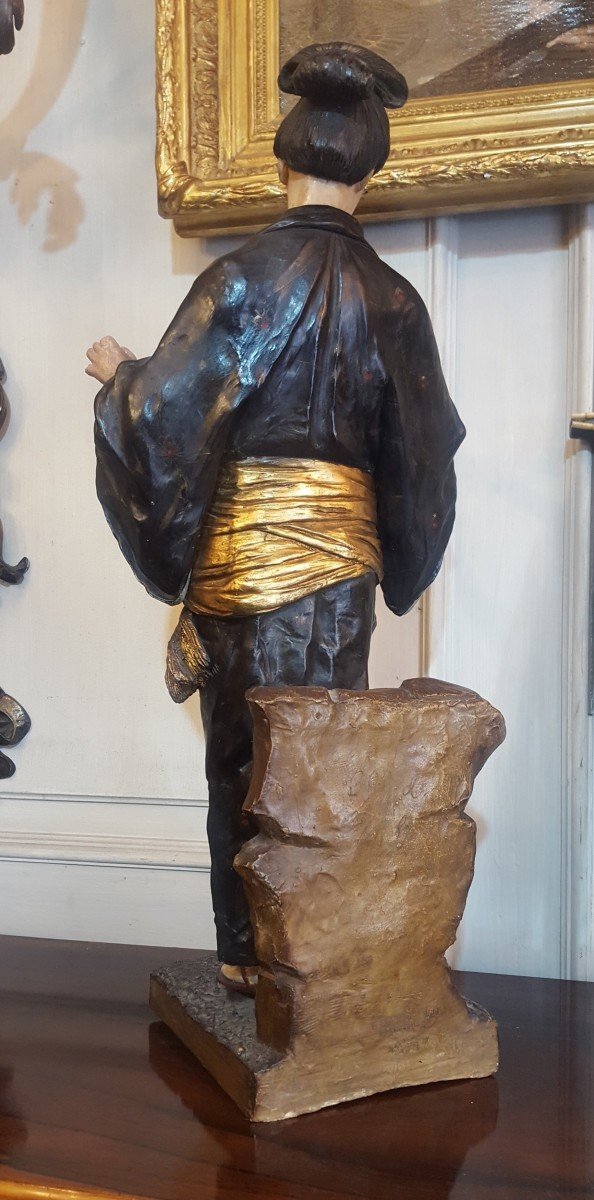 Att à Goldscheider, Japonaise, Sculpture En Terre Cuite Peinte, XIXème Siècle-photo-2