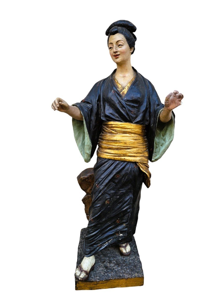 Att à Goldscheider, Japonaise, Sculpture En Terre Cuite Peinte, XIXème Siècle