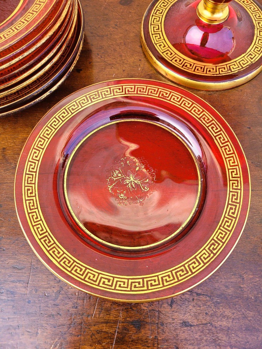 Set Of 10 Plates And 2 Fruit Bowls In Ruby Glass, Late 19th Century-photo-2