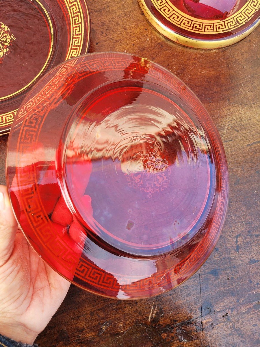 Set Of 10 Plates And 2 Fruit Bowls In Ruby Glass, Late 19th Century-photo-4