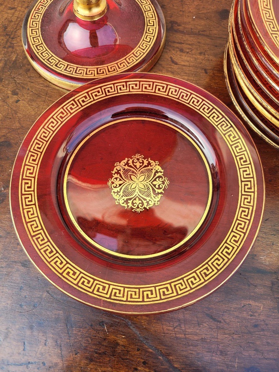 Set Of 10 Plates And 2 Fruit Bowls In Ruby Glass, Late 19th Century-photo-1