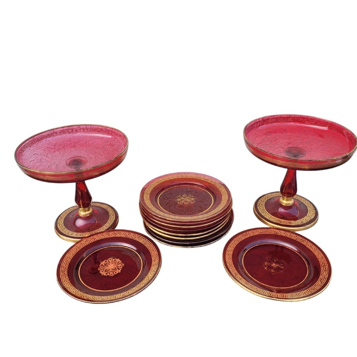 Set Of 10 Plates And 2 Fruit Bowls In Ruby Glass, Late 19th Century-photo-8