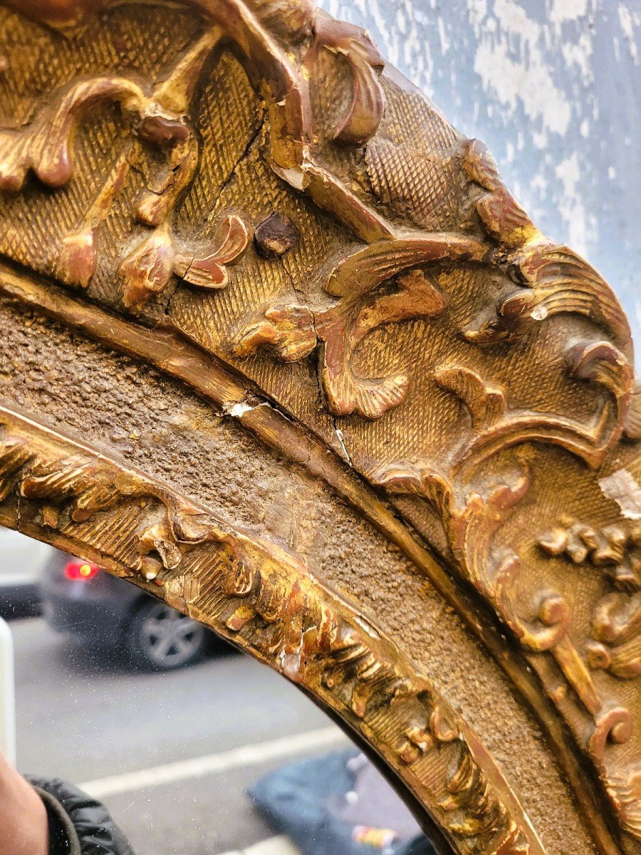 Large Oval Mirror In Carved And Gilded Oak, Louis XV Period, 18th Century-photo-3