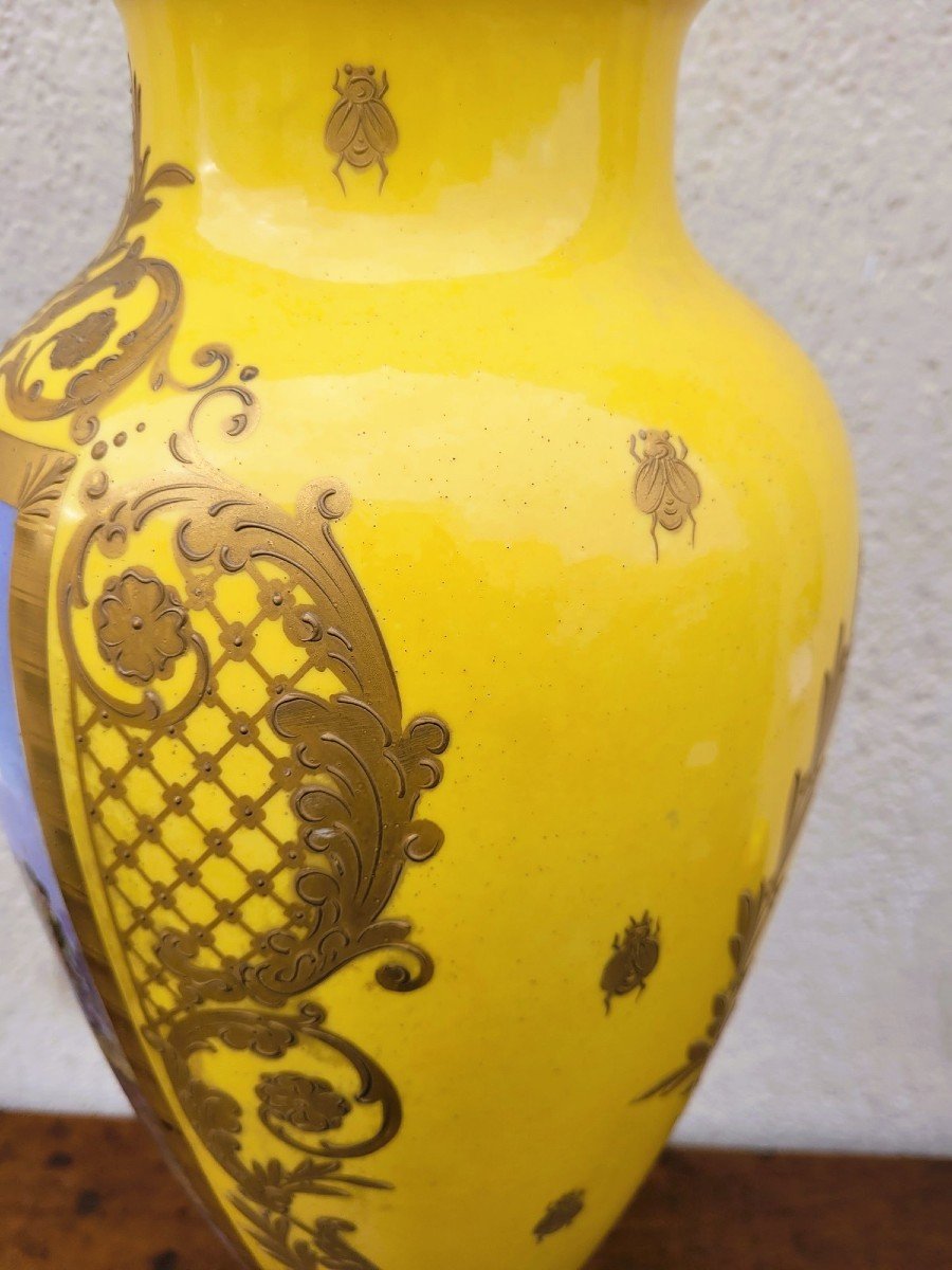 Bataille  Napoléonienne, Grand Vase En Porcelaine Jaune, XIXème Siècle-photo-2