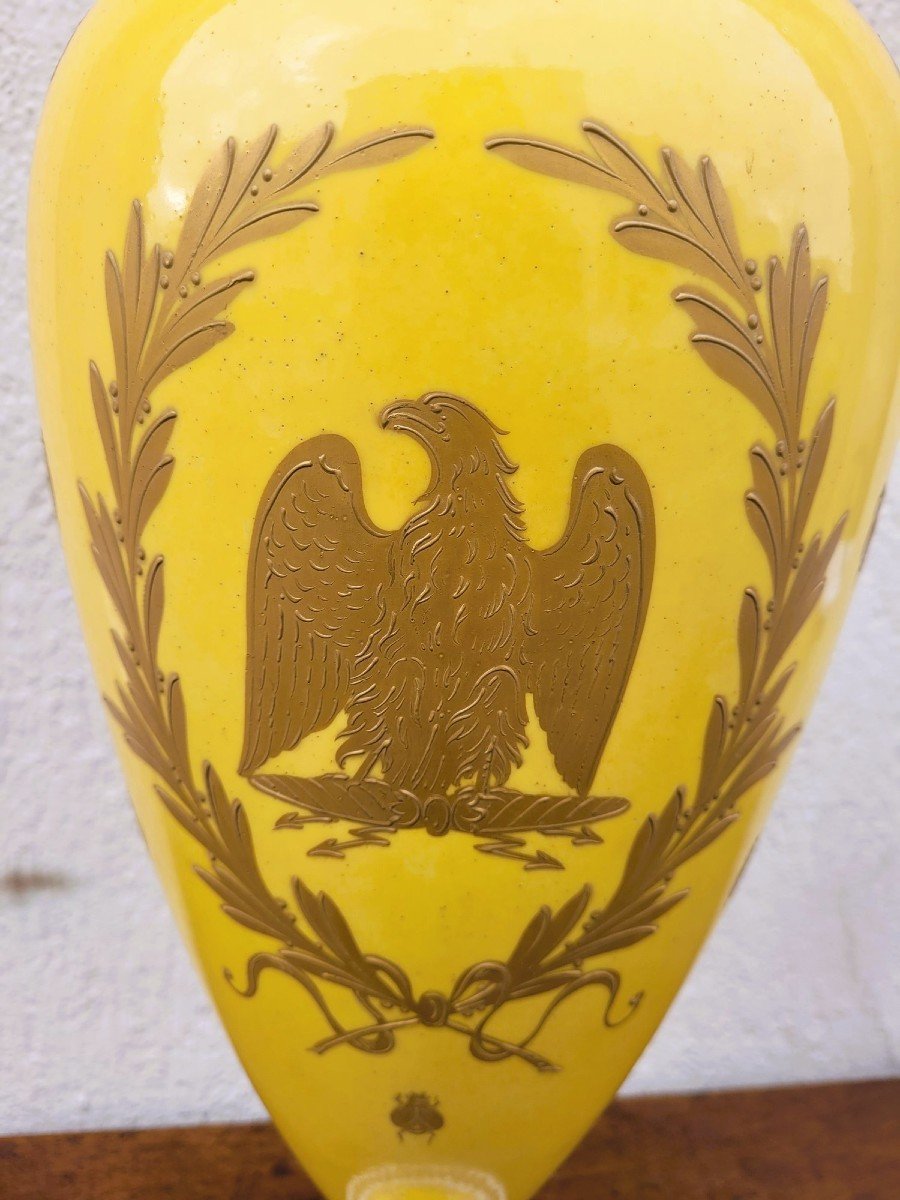 Bataille  Napoléonienne, Grand Vase En Porcelaine Jaune, XIXème Siècle-photo-4