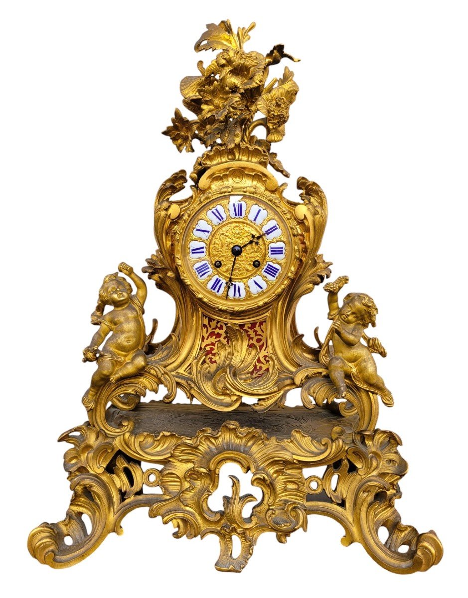 Pendule Rocaille En Bronze Doré, Napoléon III, XIXème Siècle