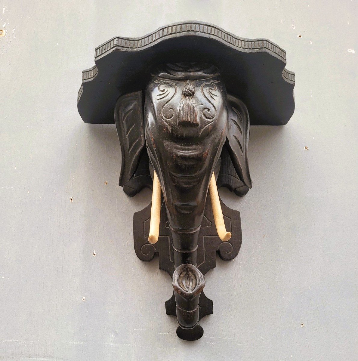 Wall Console, Carved Wooden Elephant Head, 19th Century-photo-1