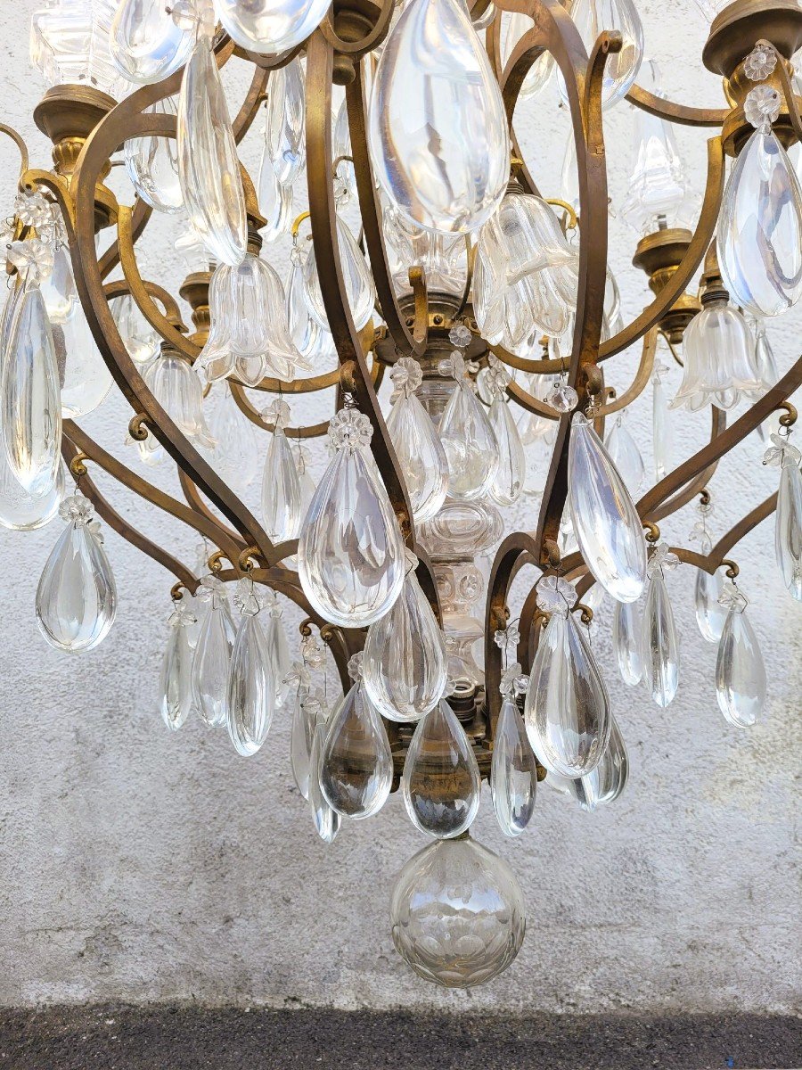 Grand Lustre Cage En Bronze Et Cristal (h142cm), XXème Siècle-photo-3