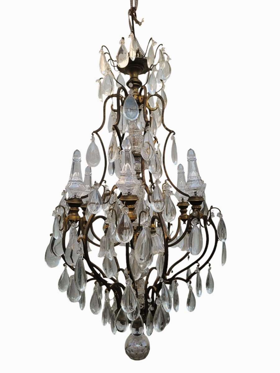 Grand Lustre Cage En Bronze Et Cristal (h142cm), XXème Siècle