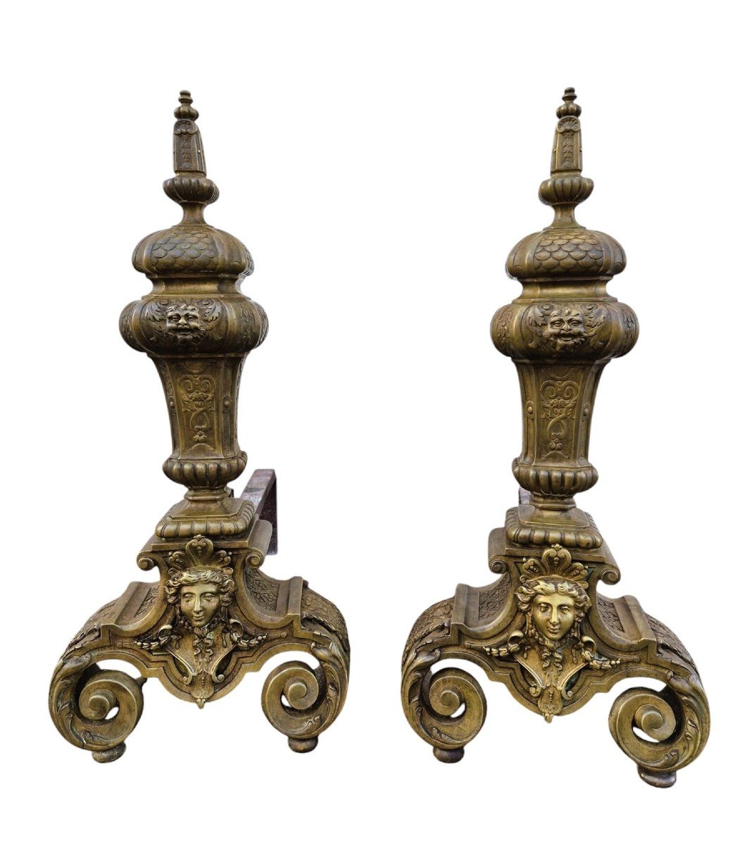 Paire De Chenets En Bronze Et Fer De Style Louis XIV, XIXème Siècle