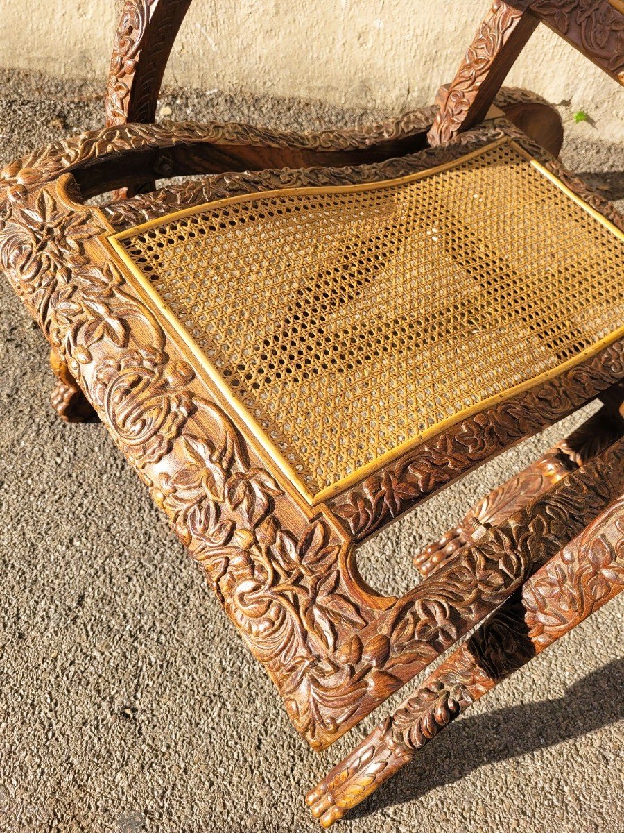 Carved Wooden Folding Armchair, India 19th Century-photo-3