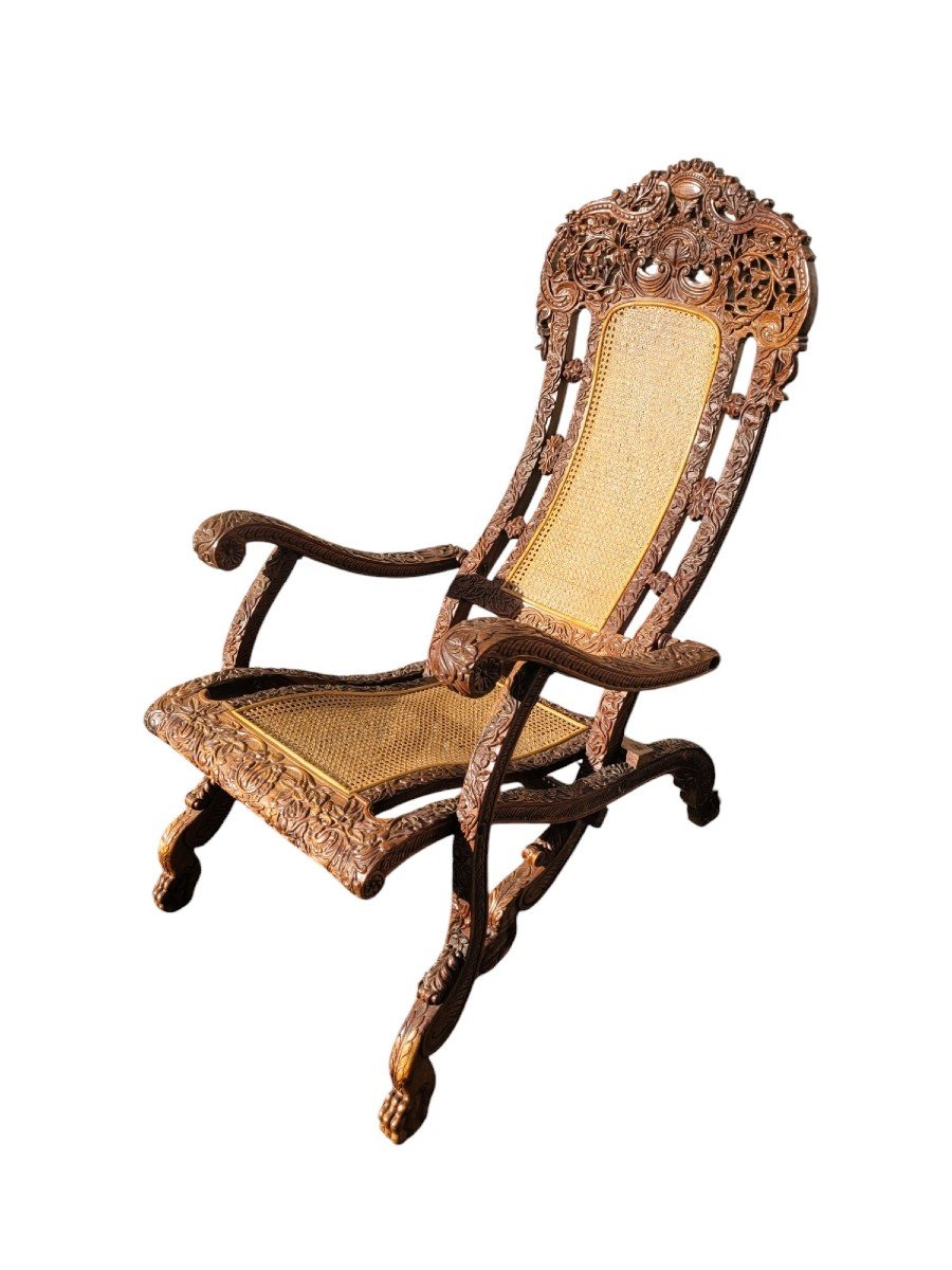 Carved Wooden Folding Armchair, India 19th Century