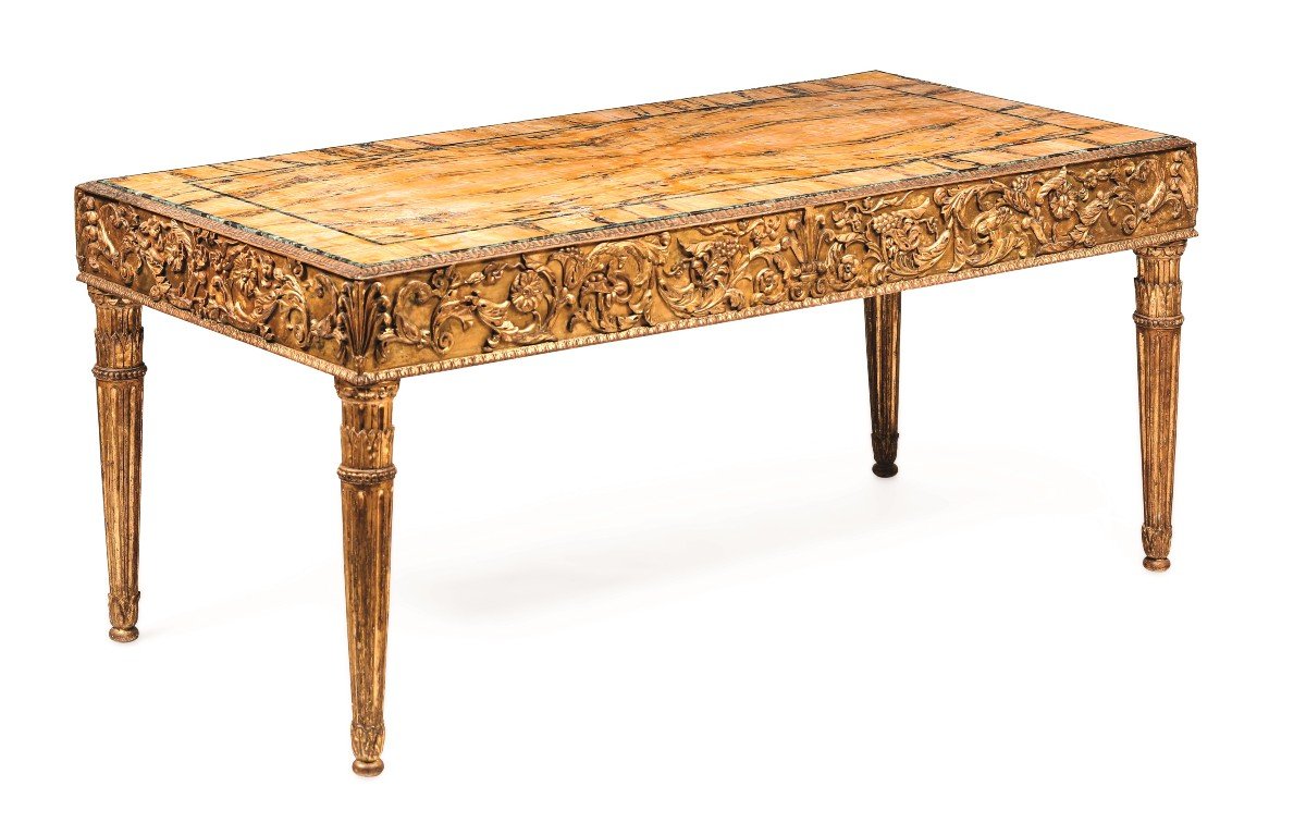 Table De Centre En Bois Doré Et Plateau De Marbre, Fin XIXème Siècle