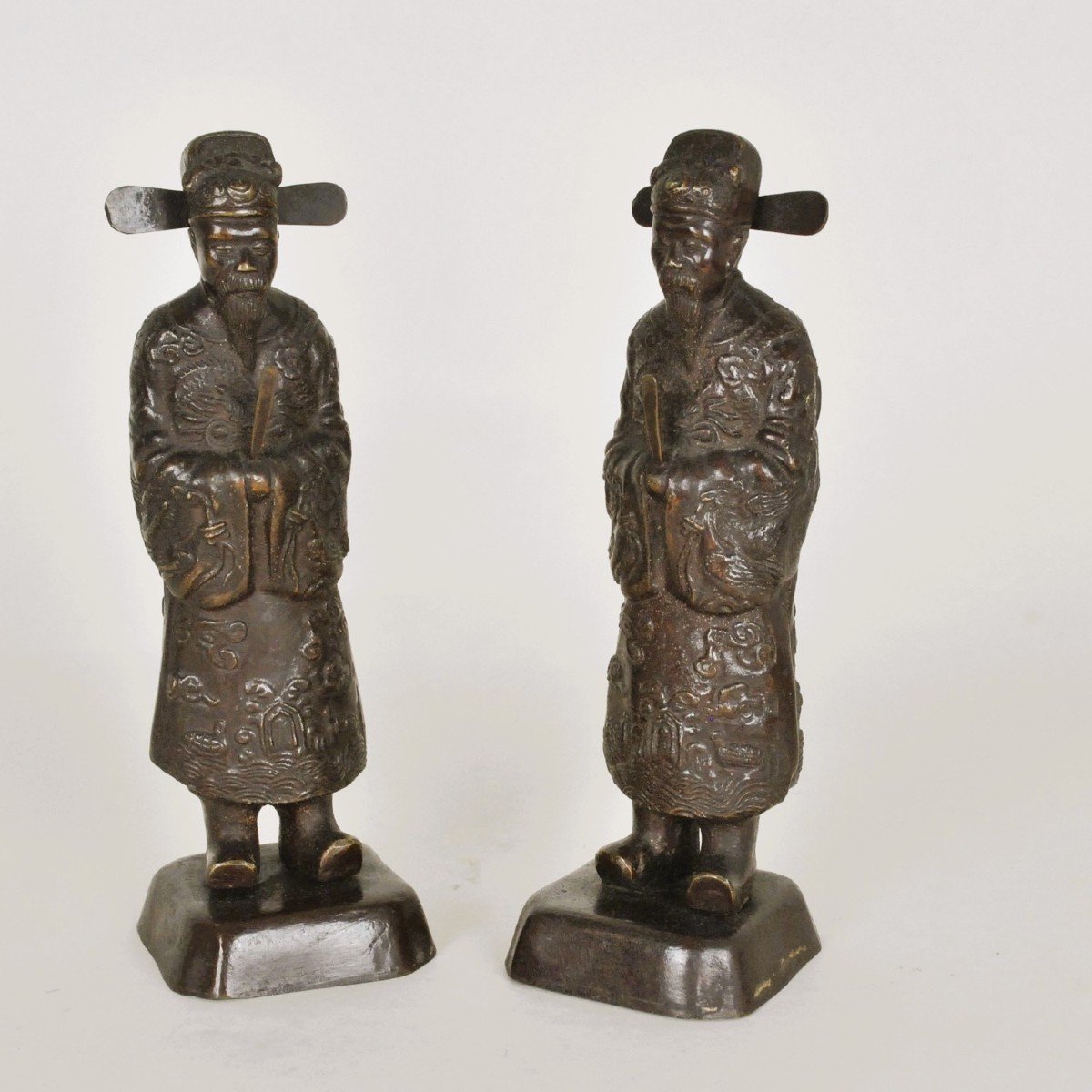 2 Annamite Mandarins In Bronze, Vietnam, Early 20th Century