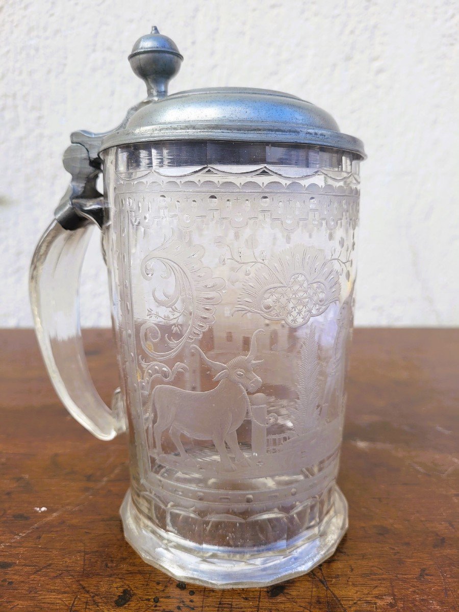 Cut And Engraved Glass Tankard, 18th/19th Century-photo-3