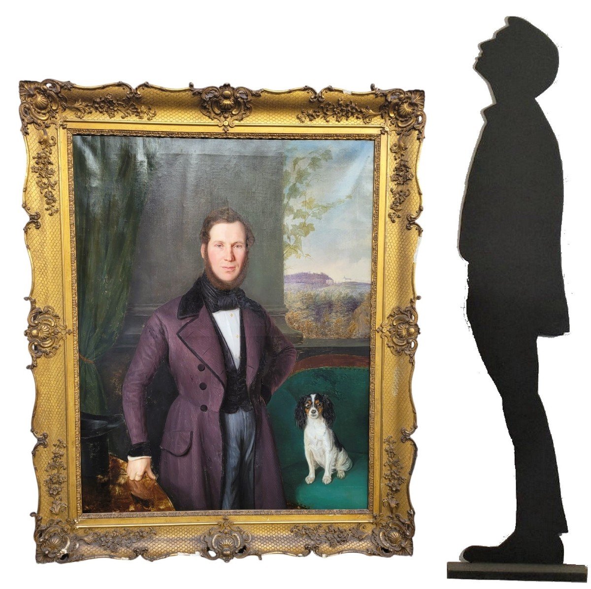 Portrait Of A Gentleman And His Dog (h160cm), Framed Hst, 19th Century-photo-4