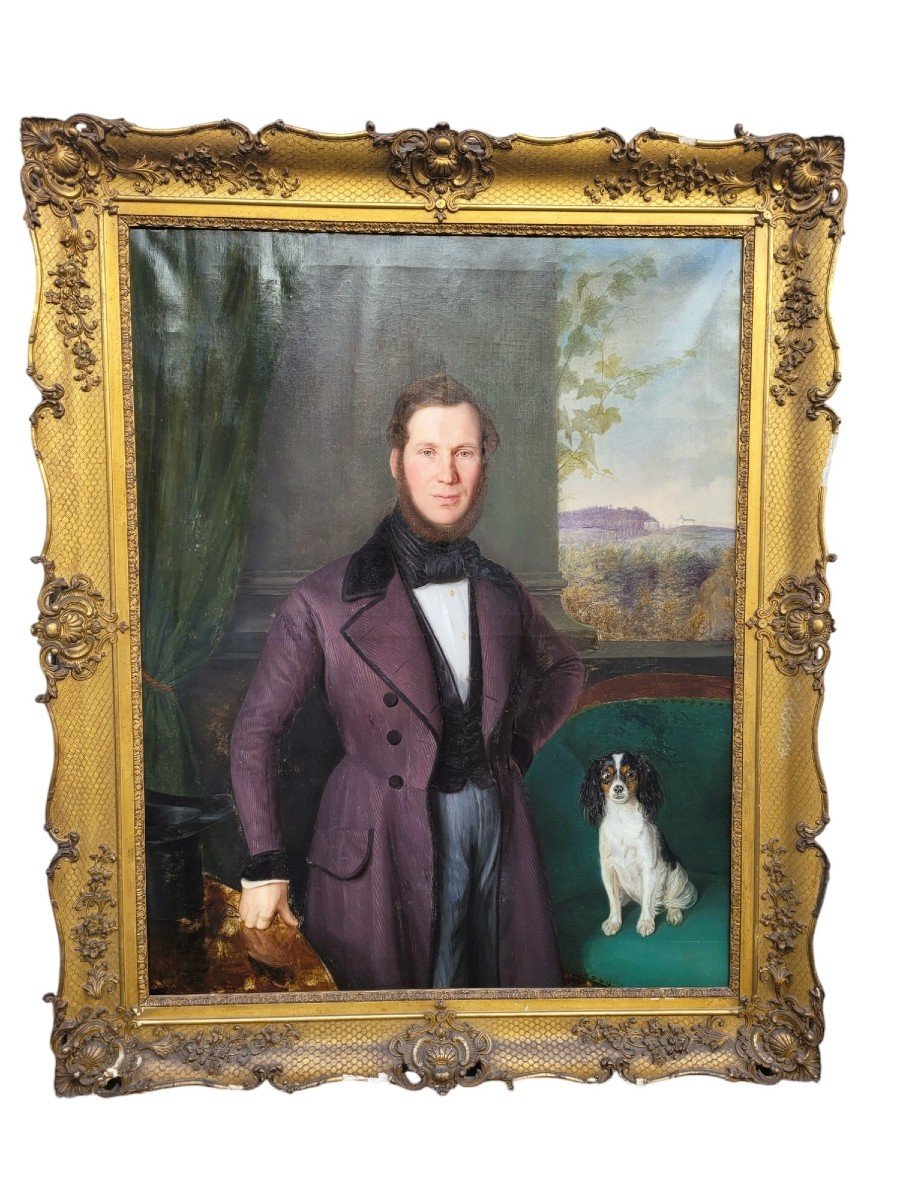 Portrait Of A Gentleman And His Dog (h160cm), Framed Hst, 19th Century