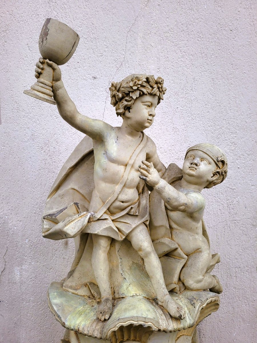 Grande Sculpture Putti En Bois Laqué, Italie, XIXème Siècle-photo-3