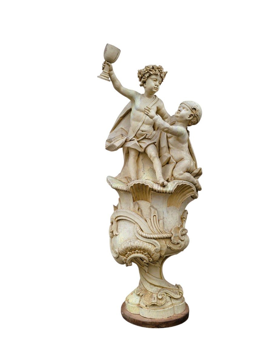 Grande Sculpture Putti En Bois Laqué, Italie, XIXème Siècle