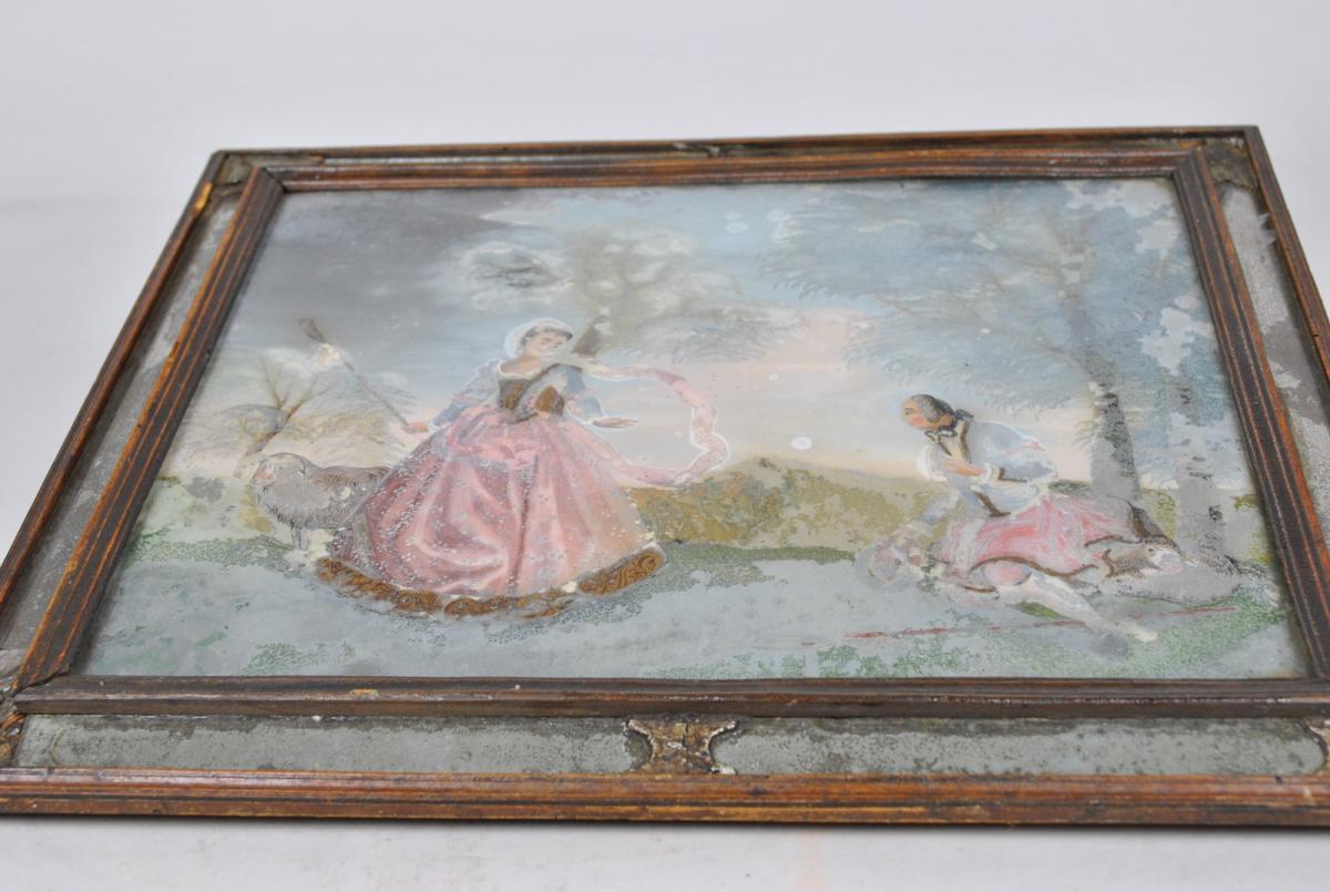 Reverse Glass-painted, Pastoral Scene, 18th Century-photo-2