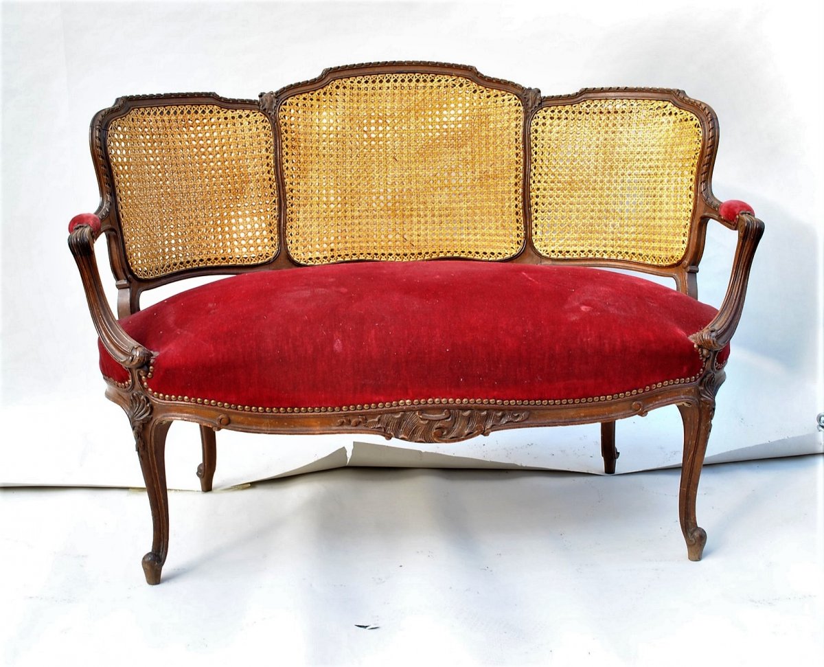 Banquette En Acajou Et Cannage, Style Louis XV, époque XIXème Siècle