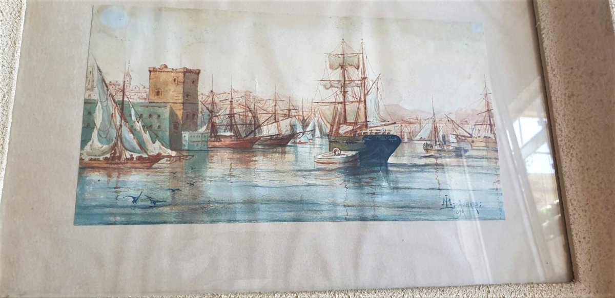 M Achard, Port De Marseille - Fort Saint Jean, Aquarelle Signée XIXème siècle-photo-3