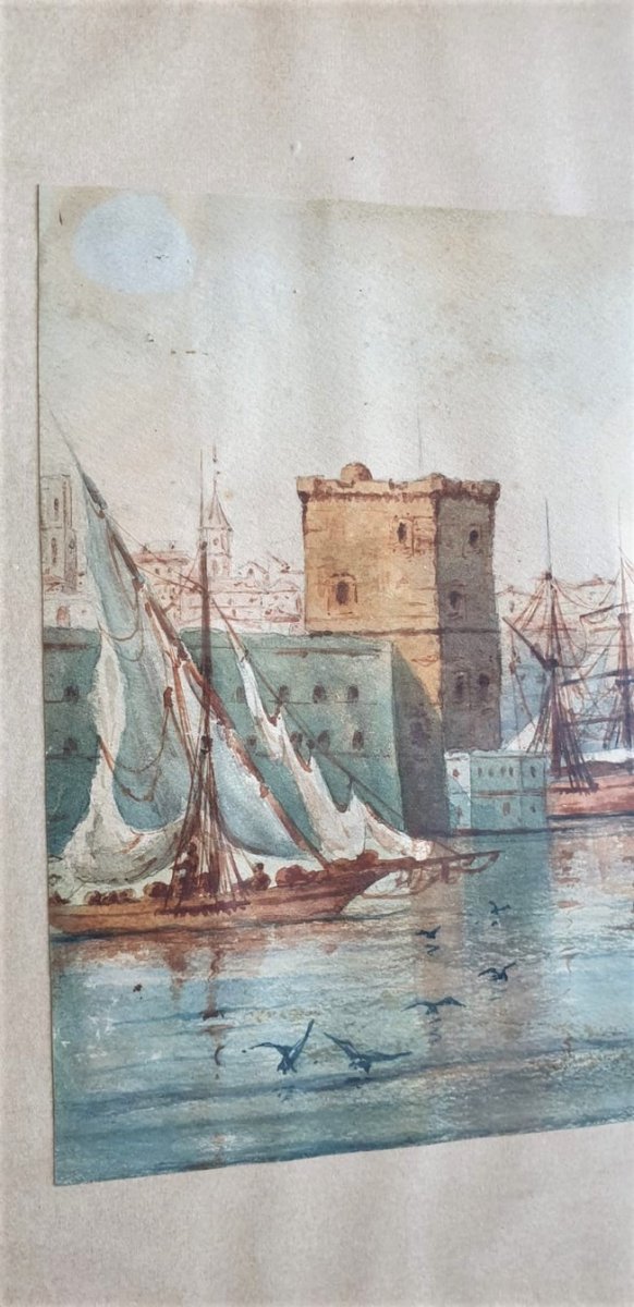 M Achard, Port De Marseille - Fort Saint Jean, Watercolor Signed XIXth Century-photo-4