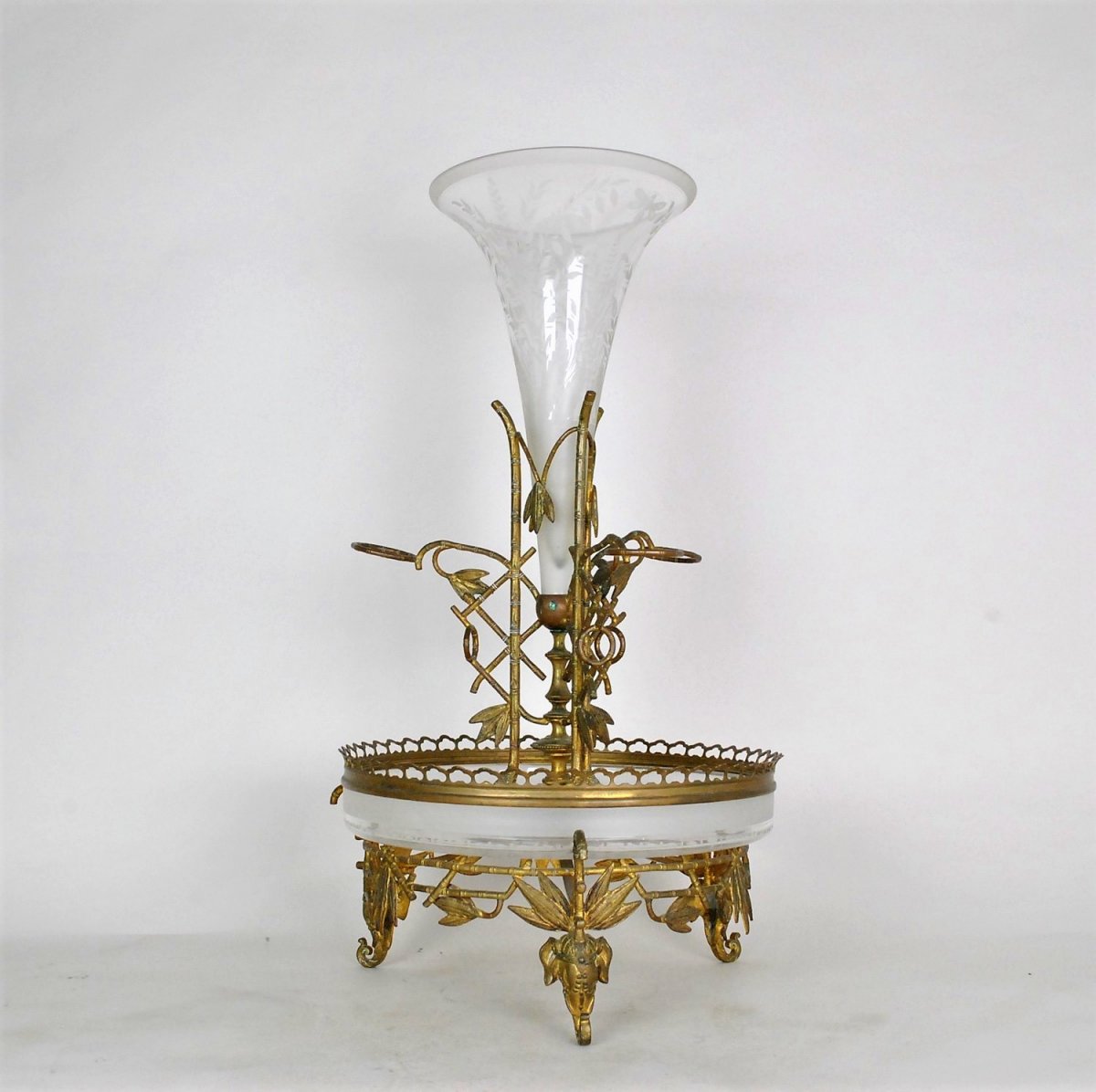 Centerpiece In Bronze And Glass, Bamboo And Elephant Heads, Att Giroux, 19th Century-photo-2