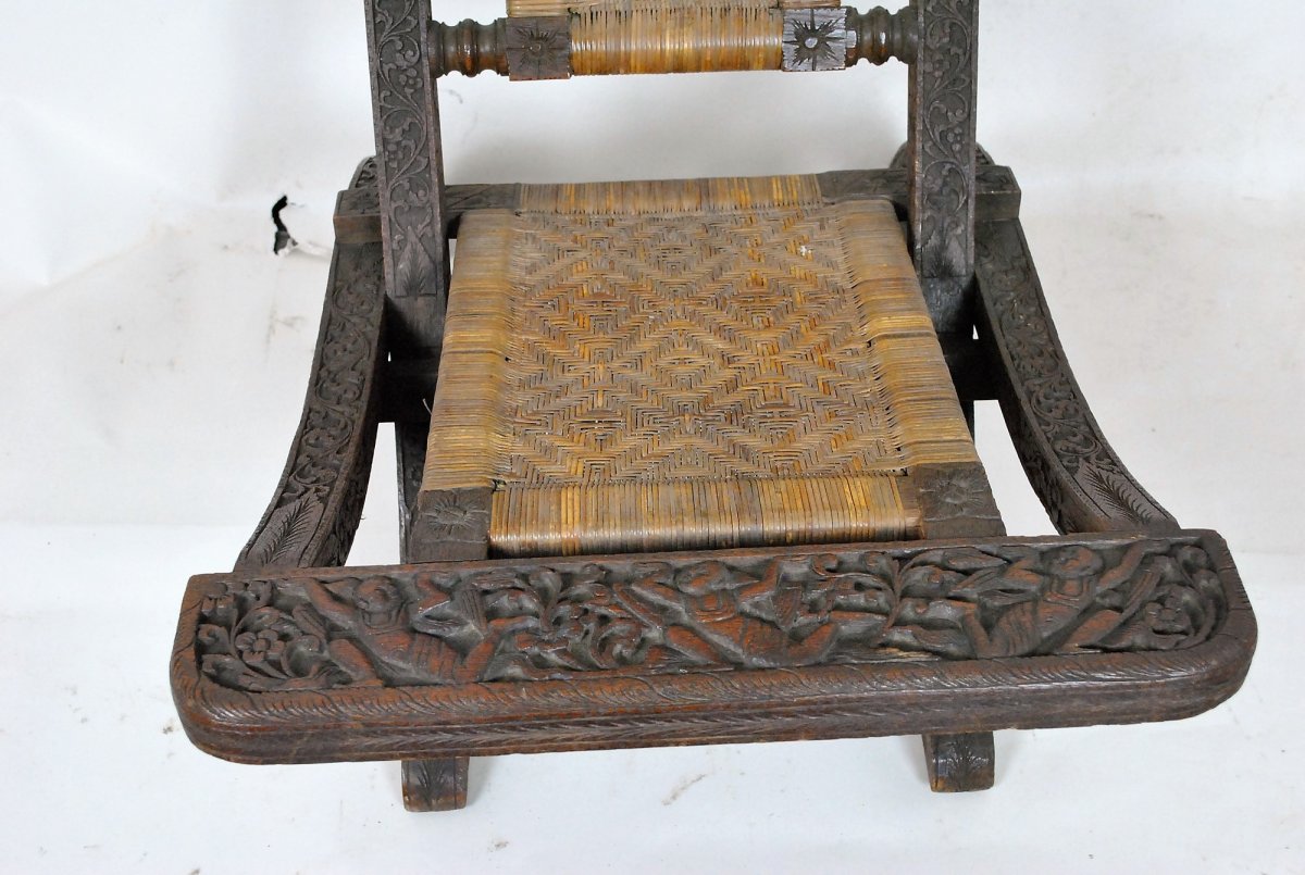 Folding Chair In Exotic Wood Carved And Canning, Asia, Late XIXth Early XXth Century-photo-4