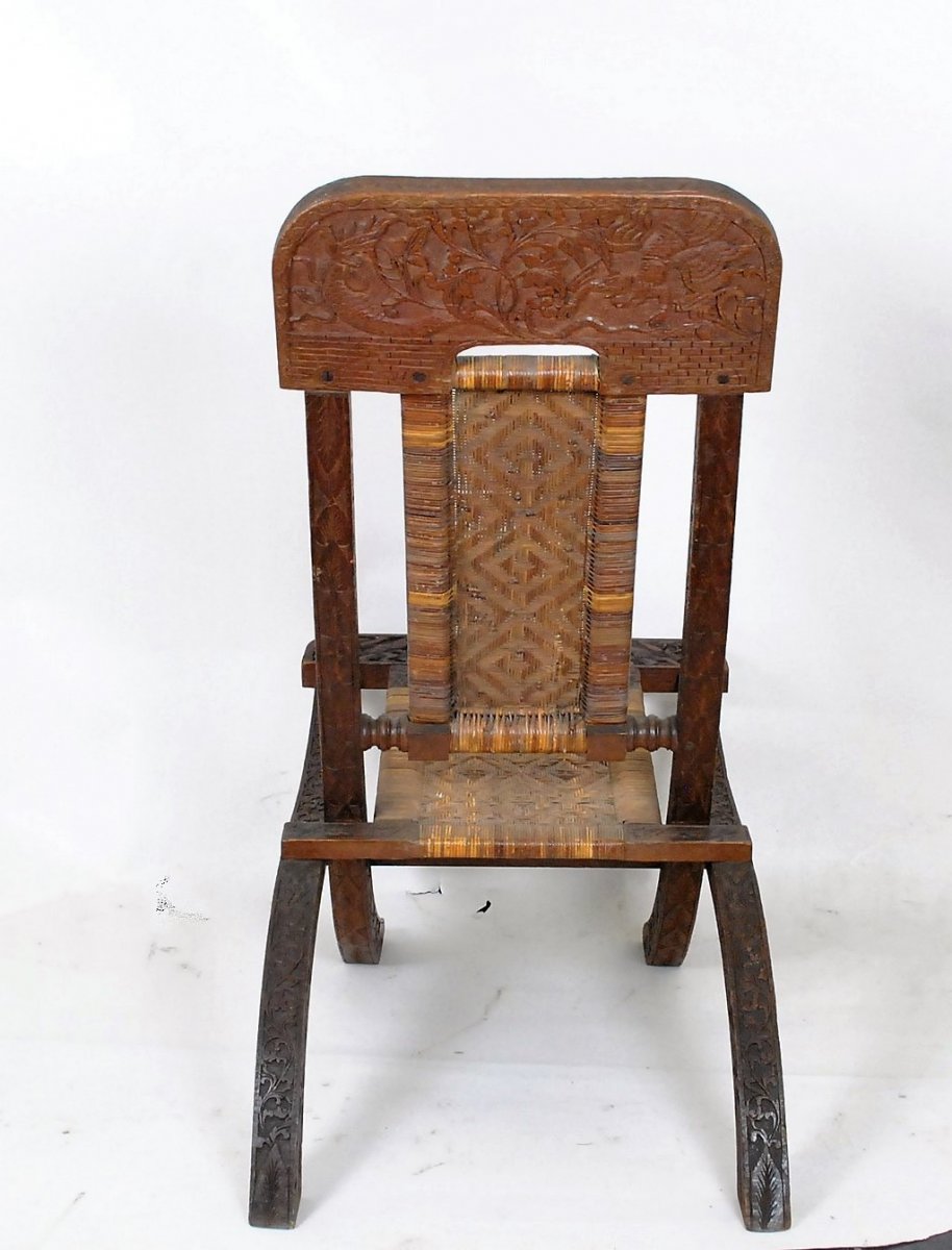 Folding Chair In Exotic Wood Carved And Canning, Asia, Late XIXth Early XXth Century-photo-2