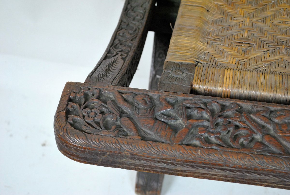 Folding Chair In Exotic Wood Carved And Canning, Asia, Late XIXth Early XXth Century-photo-5