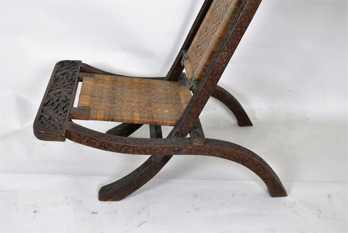 Folding Chair In Exotic Wood Carved And Canning, Asia, Late XIXth Early XXth Century-photo-6