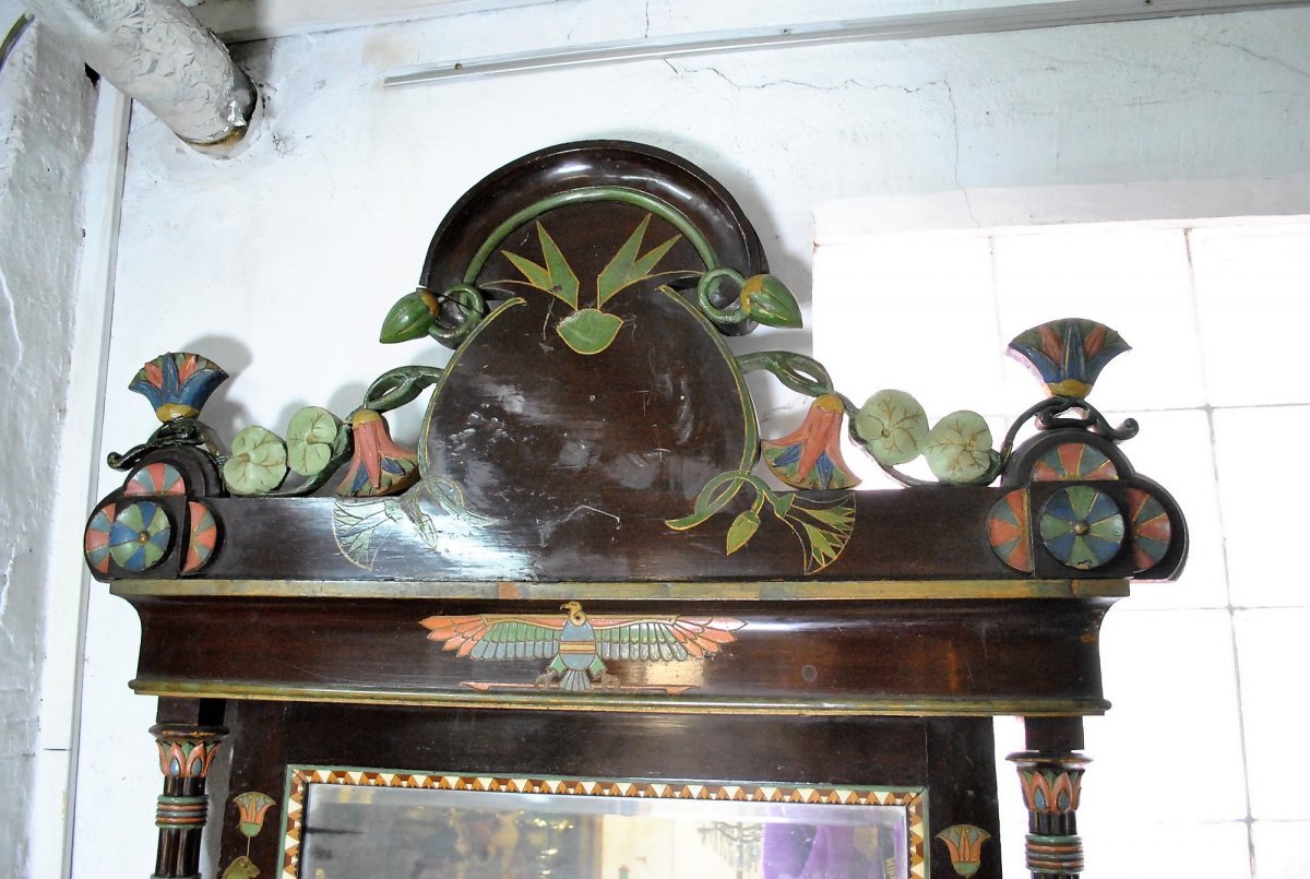 Egyptomania Console + Mirror, Polychrome Carved Wood, Madrasa Craft School, Early 20th Century-photo-2