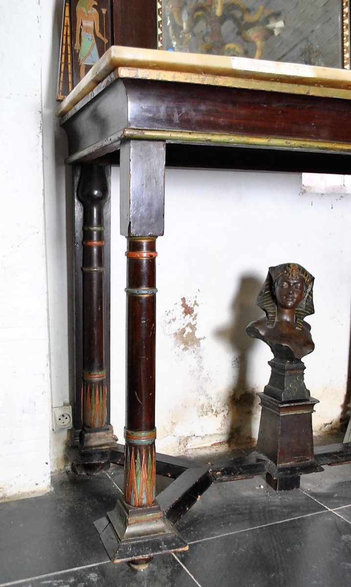 Egyptomania Console + Mirror, Polychrome Carved Wood, Madrasa Craft School, Early 20th Century-photo-6