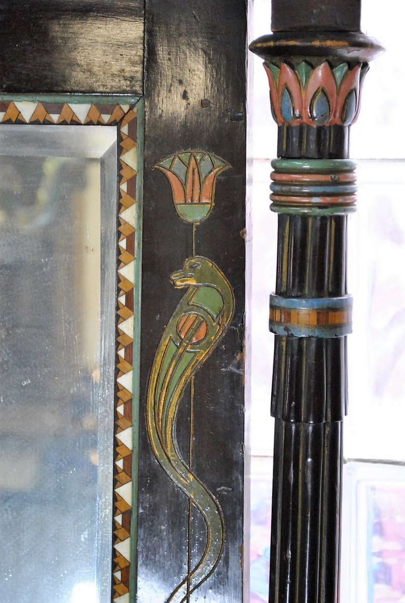 Egyptomania Console + Mirror, Polychrome Carved Wood, Madrasa Craft School, Early 20th Century-photo-8