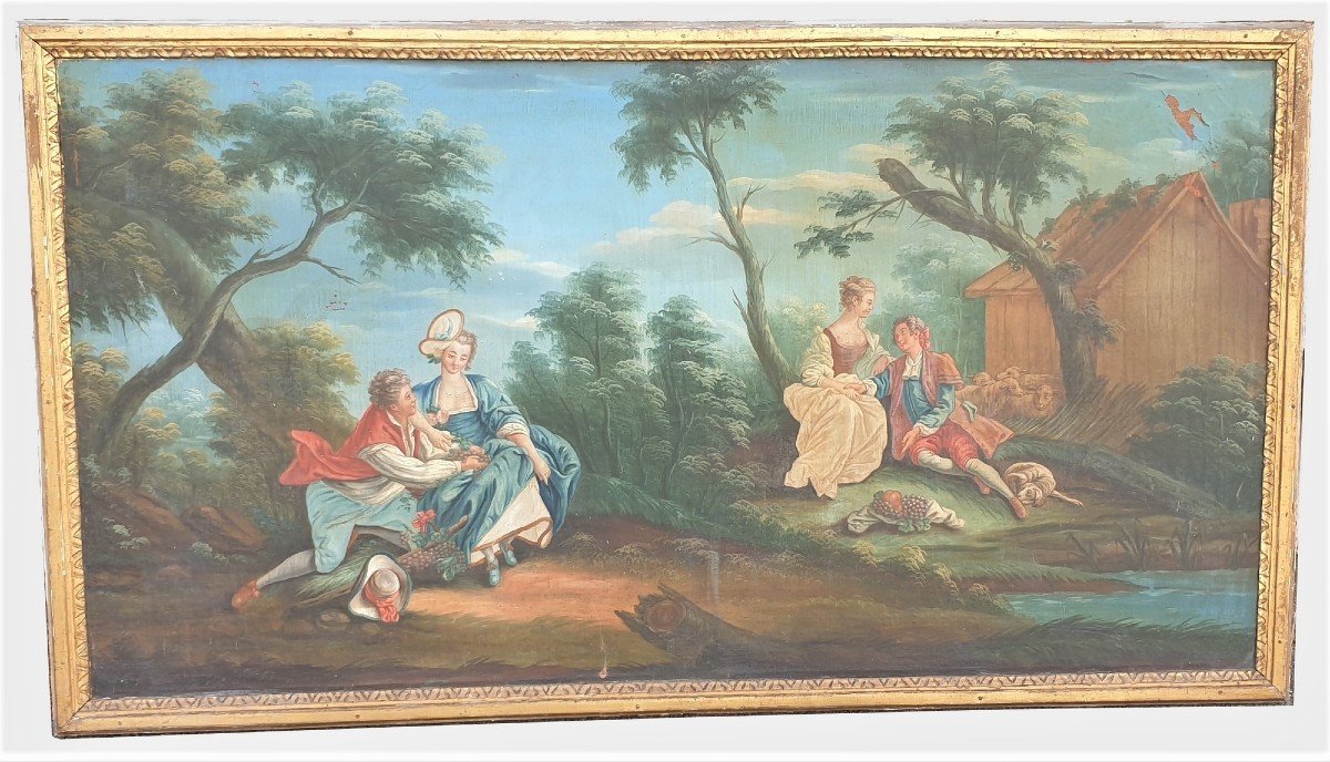 Pair Oils On Canvas, Gallant And Pastoral Scenes, XVIIIth Century-photo-2