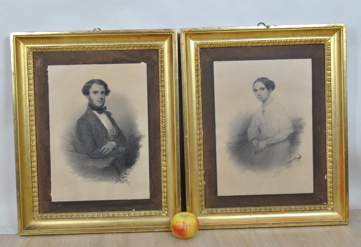 A Fleisner, Paire De Dessins, Couple De Jeunes Gens, Circa 1842