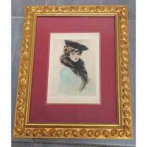 Helleu, Watercolor Lithograph, Portrait Of Mme Chéruit, Early 20th Century