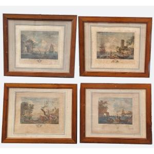Suite Of 4 Framed Engravings, Fishing, XIXth Century