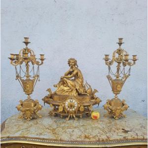 Picard, Garniture En Bronze Doré, Muse de La Musique, XIXème Siècle