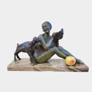 Godard, Woman And Lamb, Art Deco Bronze, 20th Century