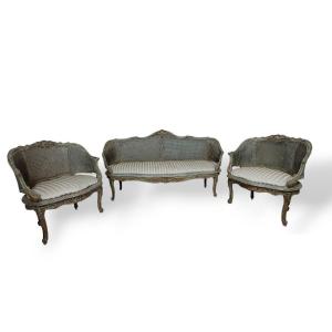 3 Pieces Living Room Set In Lacquered Wood And Cannage, Circa 1900