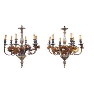 Pair Of Wood And Iron Chandeliers, Mid 20th Century