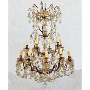 Large Cage Chandelier With Tassels, 18 Lights, Late 19th Early 20th Century