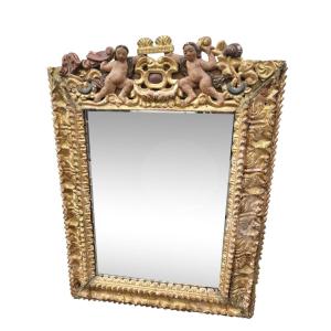 Miroir Mexicain En Bois Sculpté Doré, XVII/xviiième Siècle