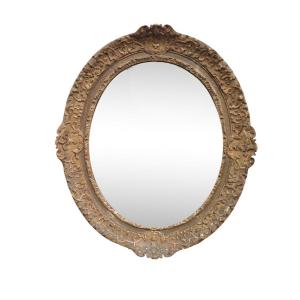 Large Oval Mirror In Carved And Gilded Oak, Louis XV Period, 18th Century