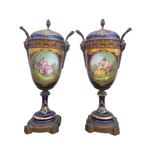 In The Style Of Sèvres, Pair Of Covered Porcelain Vases, 19th Century