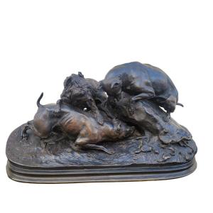 Pj Mêne, The Rabbit Hunt, Signed Bronze, 19th Century